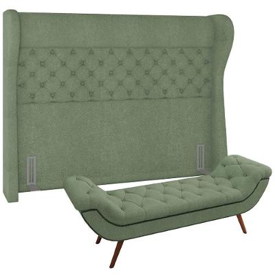 Kit Cabeceira Cama Box Casal 140 cm Madrid com Puff Recamier Santorini P05 Bouclê Verde