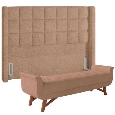 Kit Cabeceira Cama Box com Puff Recamier Paris 178 cm Queen Bouclê Poliéster Madeira Bege