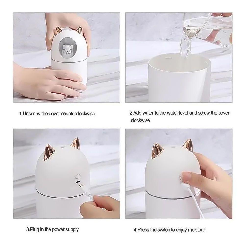 Umidificador Aromatizador Difusor Infantil Gatinho Luz Rgb - Branco Ou Rosa - 6