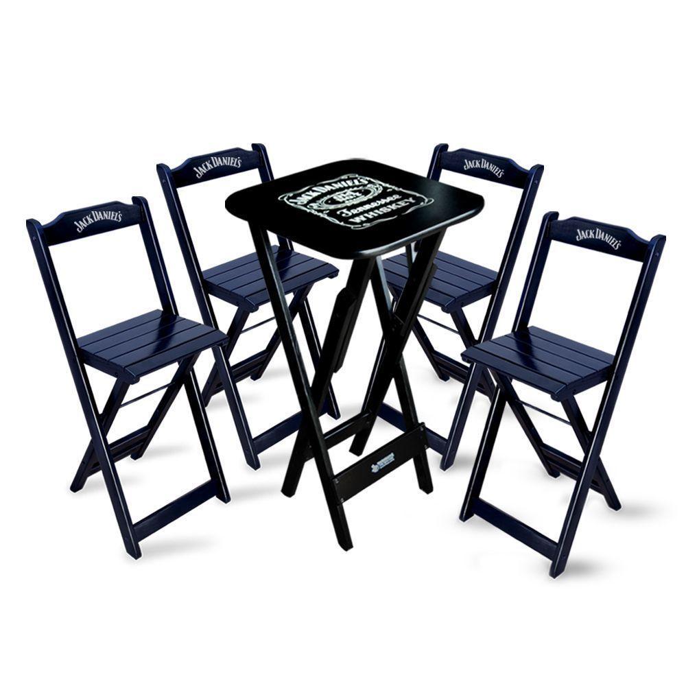 Conjunto De Mesa Bistrô Dobrável Jack Daniel's Com 4 Banquetas De Madeira Preta - Cor: Preto - 1
