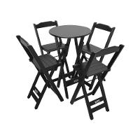 Conjunto Bistrô Mesa Dobrável De Madeira Redonda Com 4 Banquetas Preta - Cor: Preto - 1