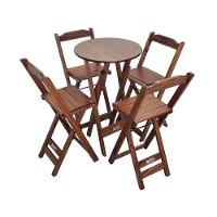Conjunto Bistrô Mesa Dobrável De Madeira Redonda Com 4 Banquetas Imbuia - Cor: Marrom - 1