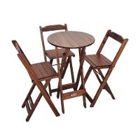 Conjunto Bistrô Mesa Dobrável De Madeira Redonda Com 3 Banquetas Imbuia - Cor: Marrom - 1