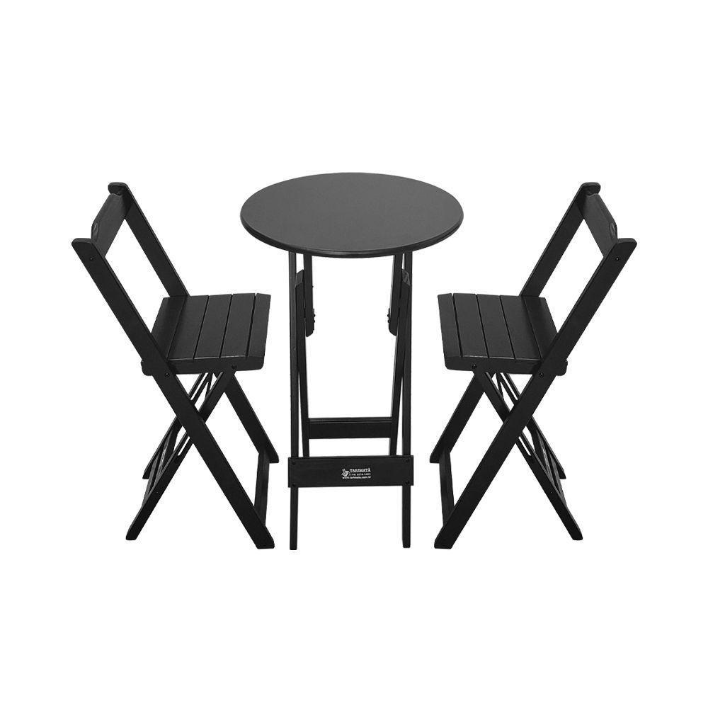 Conjunto Bistrô Mesa Dobrável De Madeira Redonda Com 2 Banquetas Preta - Cor: Preto - 1