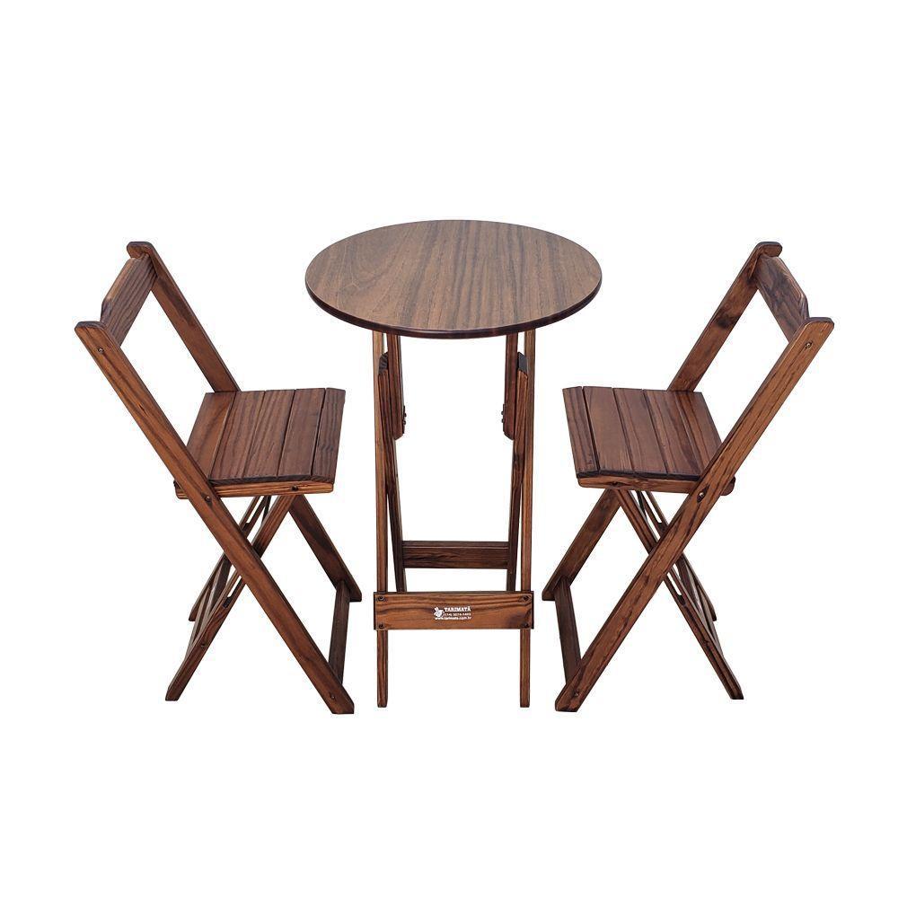 Conjunto Bistrô Mesa Dobrável De Madeira Redonda Com 2 Banquetas Imbuia - Cor: Marrom - 1