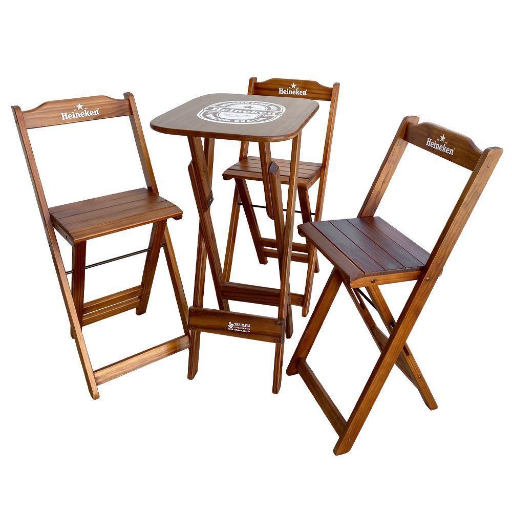 Conjunto Mesa Bistrô Com 3 Banquetas Dobráveis De Madeira Personalizada Hei - Imbuia - Cor: Marrom - 1