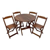 Conjunto Dobrável Mesa De Madeira 90cm Redonda Com 4 Cadeiras Imbuia - Cor: Marrom - 1