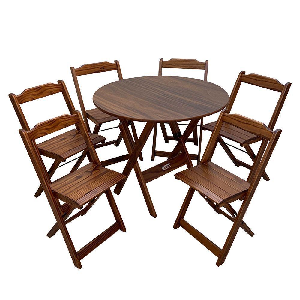 Conjunto Dobrável Mesa De Madeira 90cm Redonda Com 6 Cadeiras Imbuia - Cor: Marrom - 6
