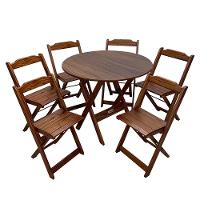Conjunto Dobrável Mesa De Madeira 90cm Redonda Com 6 Cadeiras Imbuia - Cor: Marrom - 6
