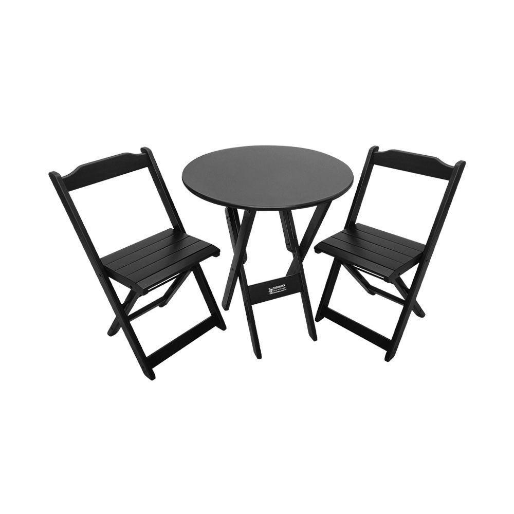 Conjunto Dobrável Mesa De Madeira 70cm Redonda Com 2 Cadeiras Preta - Cor: Preto - 1