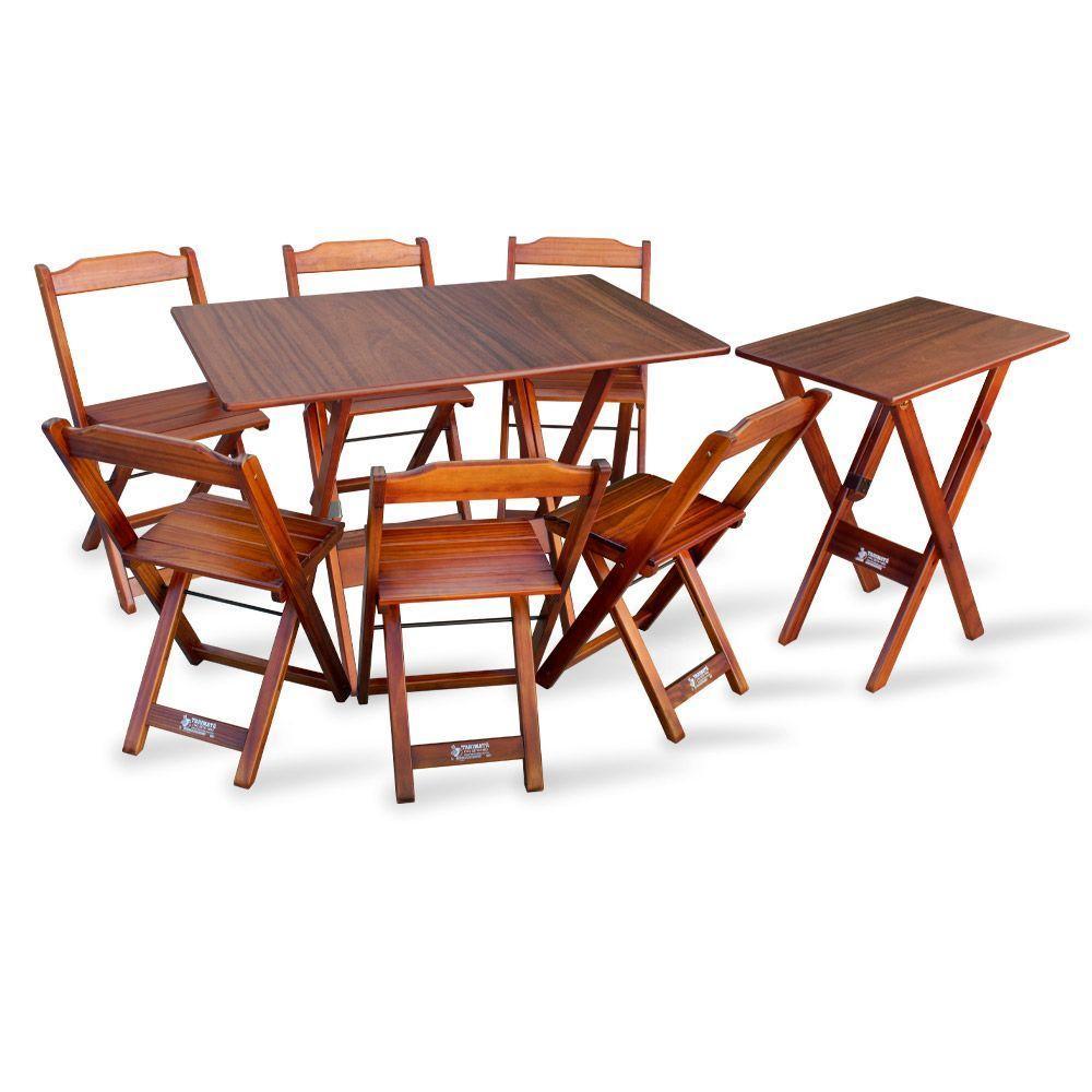 Conjunto De Mesa Dobrável 1,10x70 Com 6 Cadeiras Mais Mesa Aparador Tarimatã - Imbuia - Cor: Marrom - 1