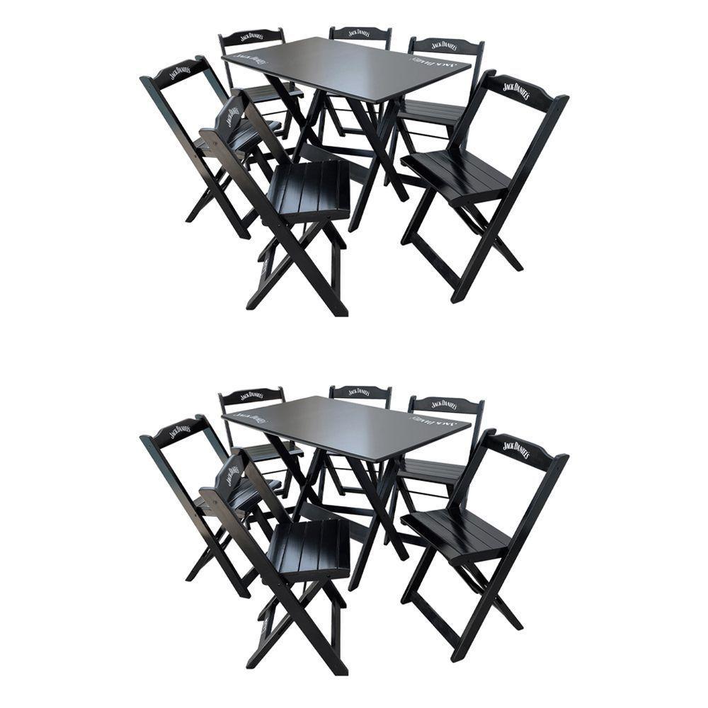 Kit 2 Conjuntos Mesa Dobrável Madeira 110x70 Com 6 Cadeiras Personalizada Jack Preta - Cor: Preto - 1