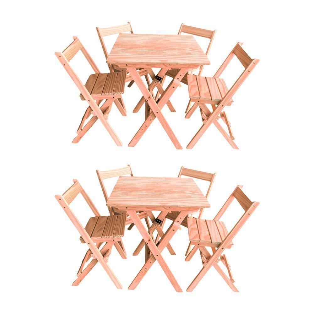 Kit 2 Conjuntos Mesa Dobrável 60x60cm Com 4 Cadeiras Em Madeira Maciça - Cru - Bege - 1