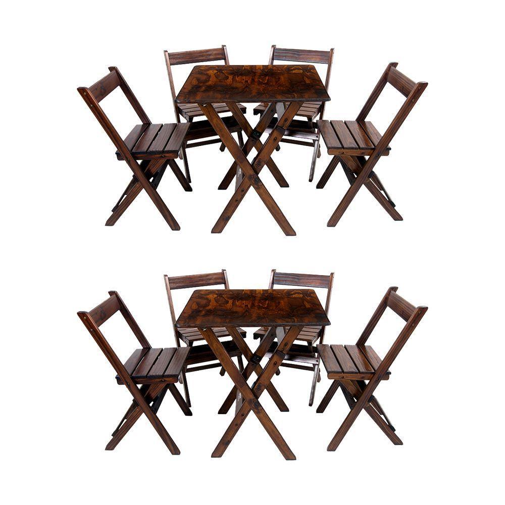 Kit 2 Conjuntos De Mesa Dobrável 60x60cm Com 4 Cadeiras Em Madeira Maciça - Imbuia - Marrom - 1