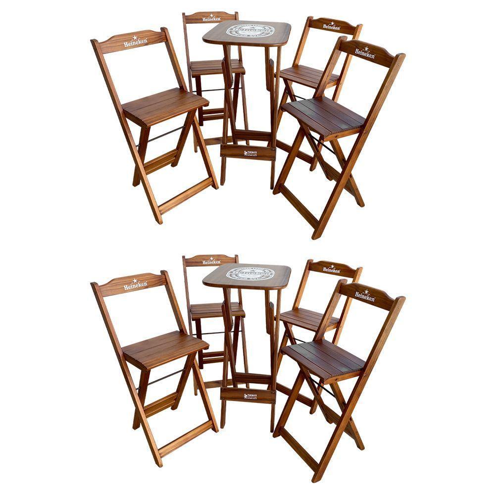 Kit 2 Conjuntos Bistrô Mesa Com 4 Banquetas Dobráveis De Madeira Personalizada Hei - Imbuia Marrom - 1