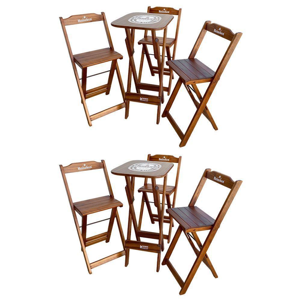 Kit 2 Conjuntos Bistrô Mesa Com 3 Banquetas Dobráveis De Madeira Personalizada Hei - Imbuia Marrom - 1