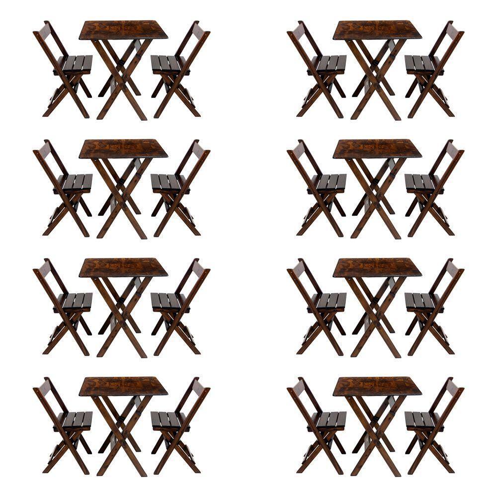 Kit 8 Conjuntos Mesa Dobrável Para Bar E Restaurante 60x60cm Com 2 Cadeiras Em Madeira Maciça - Imbu - Marrom - 1