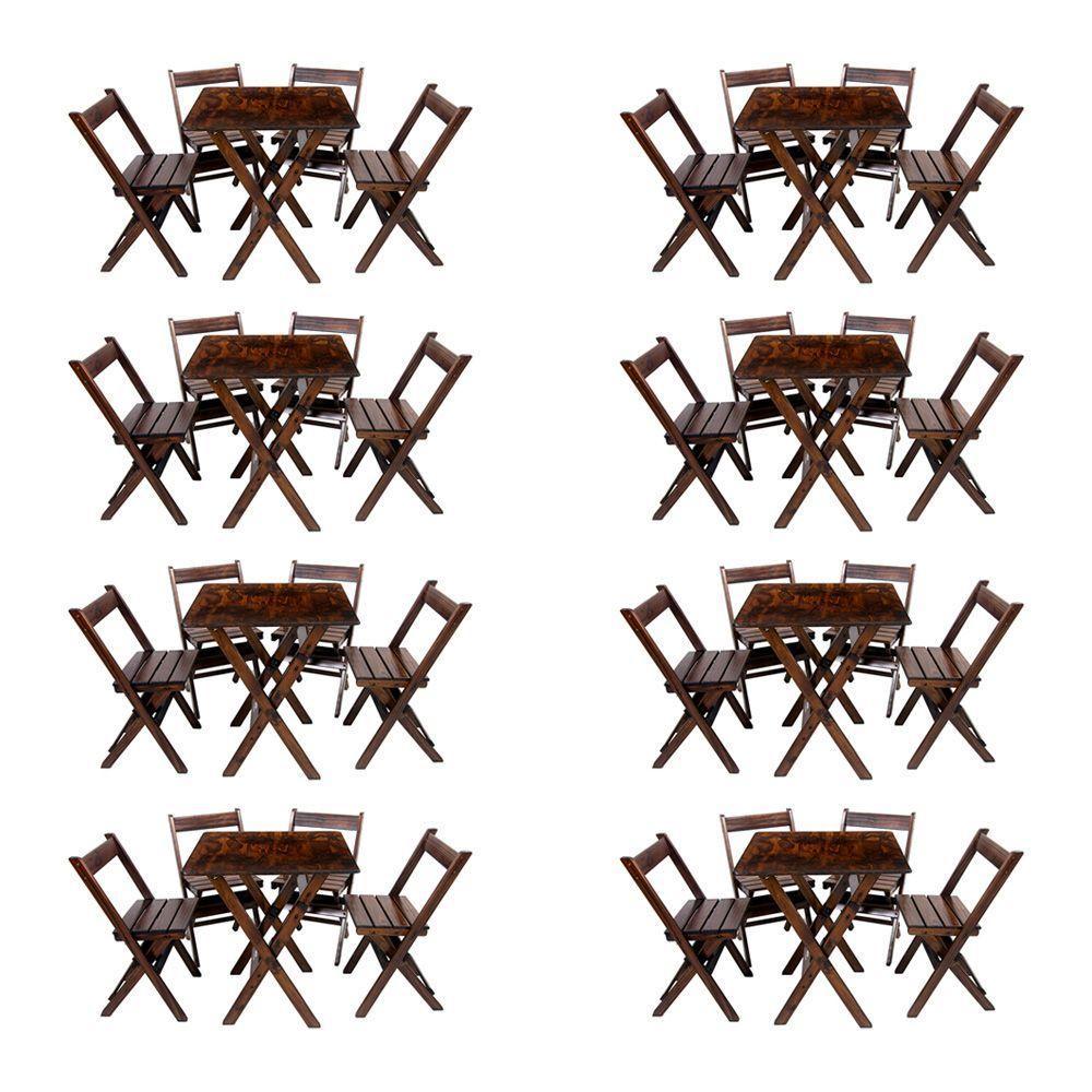 Kit 8 Conjuntos Mesa Dobrável 70x70cm Para Bar Com 4 Cadeiras Em Madeira Maciça - Imbuia - Marrom - 1