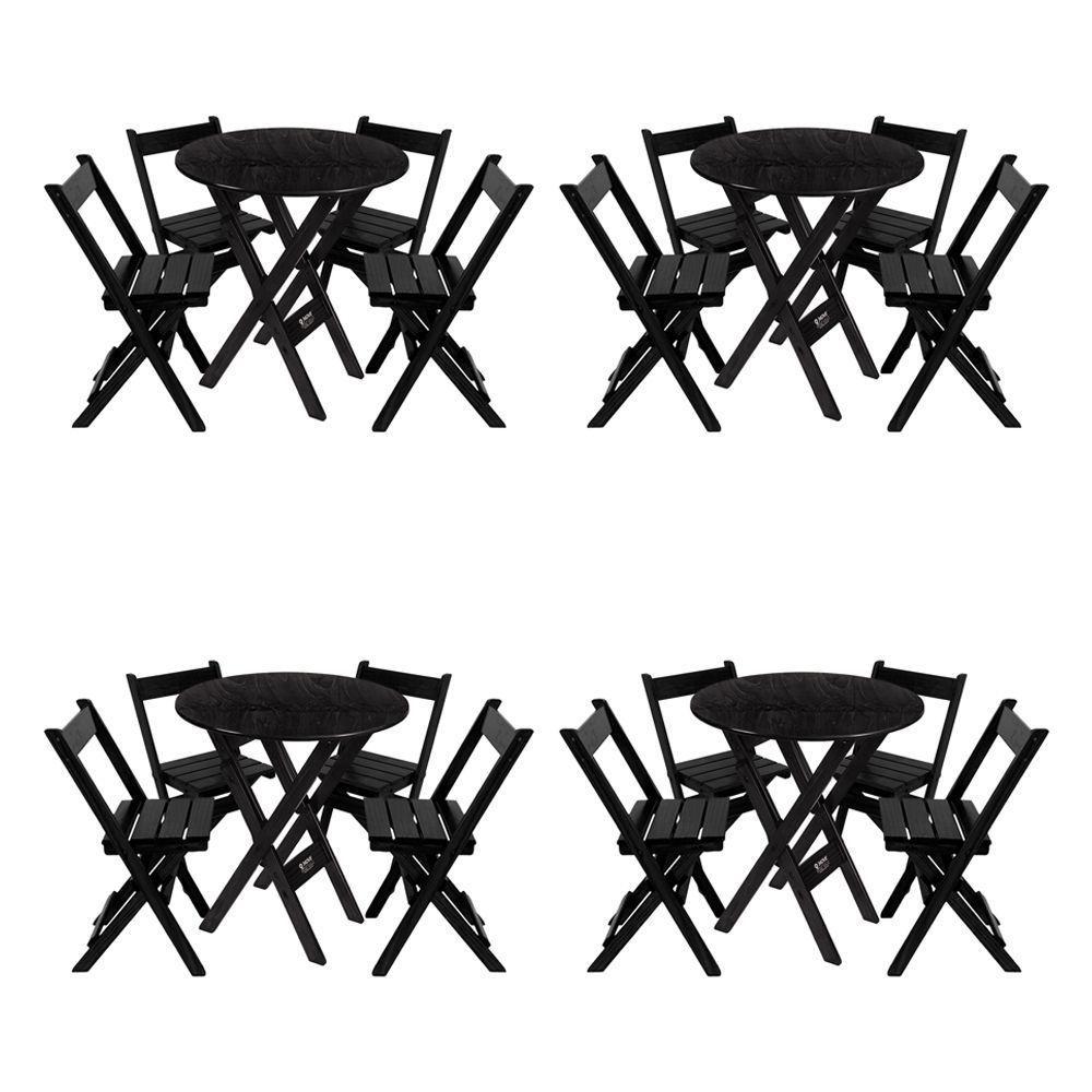 Kit 4 Conjuntos Mesa Redondo 70cm Dobrável Com 4 Cadeiras Em Madeira Maciça - Preto - Preto - 1