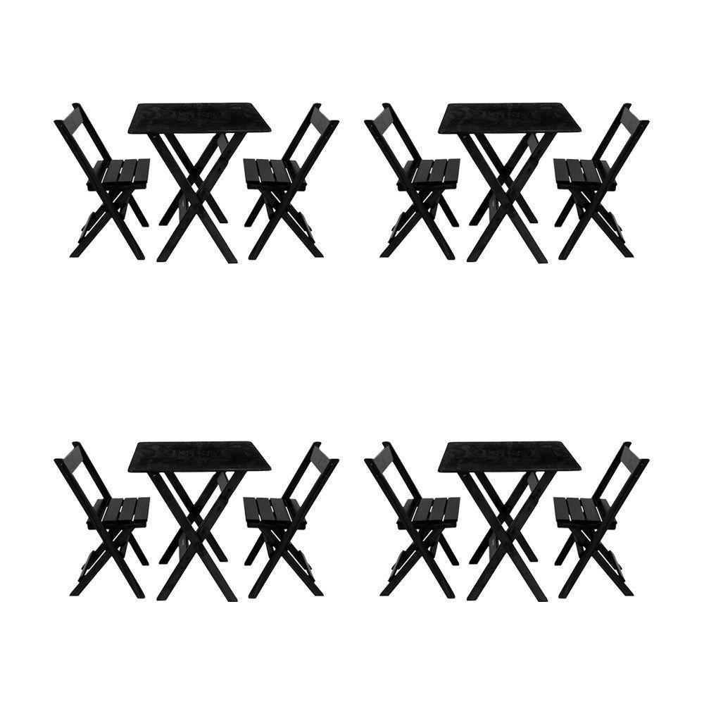 Kit 4 Conjuntos Mesa Dobrável Para Bar E Restaurante 60x60cm Com 2 Cadeiras Em Madeira Maciça - Pret - Preto - 1