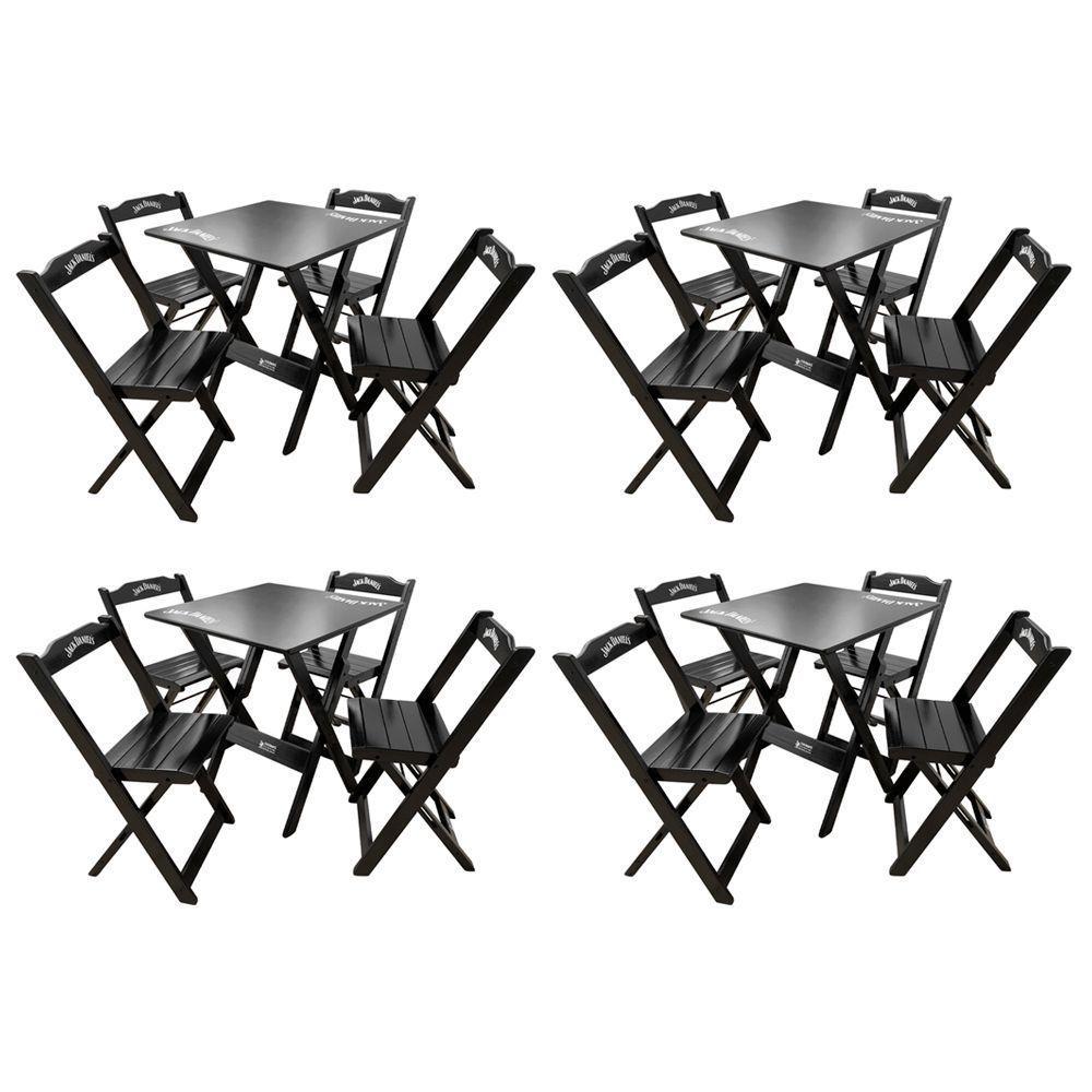 Kit 4 Conjuntos Mesa Dobrável Madeira 70x70 Com 4 Cadeiras Personalizada Jack Preta - Cor: Preto - 1