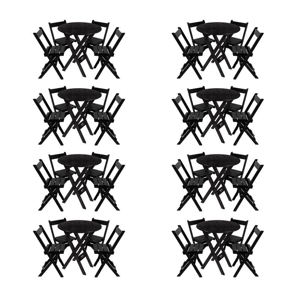 Kit 8 Conjuntos Mesa Redondo 70cm Dobrável Com 4 Cadeiras Em Madeira Maciça - Preto - Preto - 1
