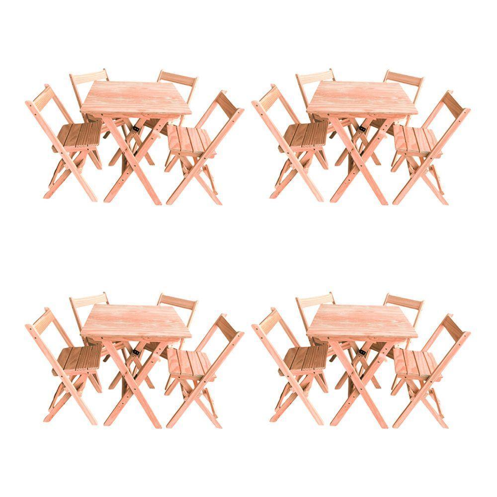 Kit 4 Conjuntos Mesa Dobrável 60x60cm Com 4 Cadeiras Em Madeira Maciça - Cru - Bege - 1