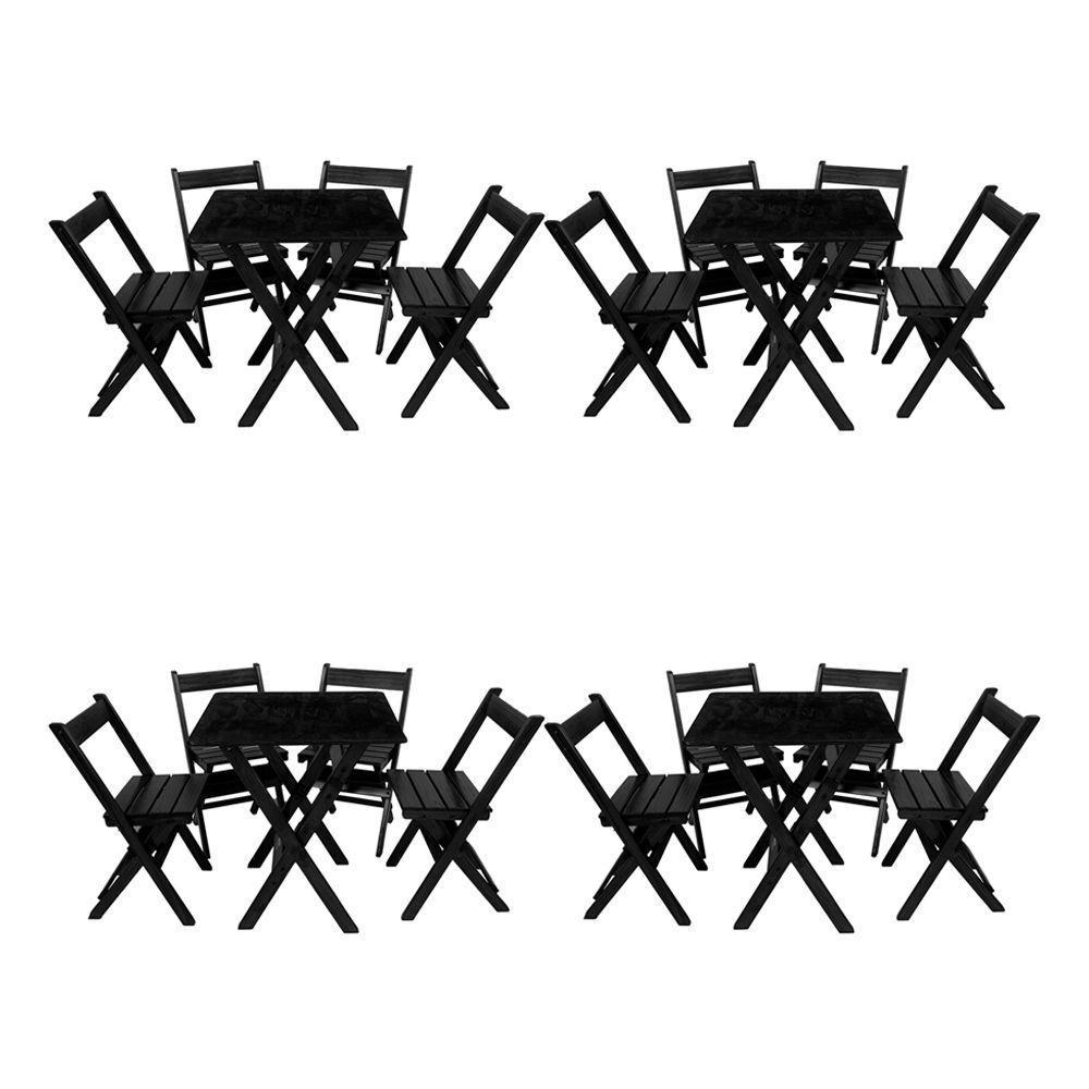 Kit 4 Conjuntos Mesa Dobrável 70x70 Com 4 Cadeiras Em Madeira Maciça - Preto - Preto - 1