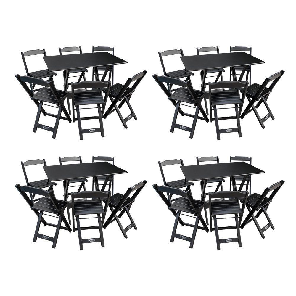 Kit 4 Conjuntos De Mesa Dobráveis De Madeira 70x110cm Com 6 Cadeiras Preta - Cor: Preto - 1