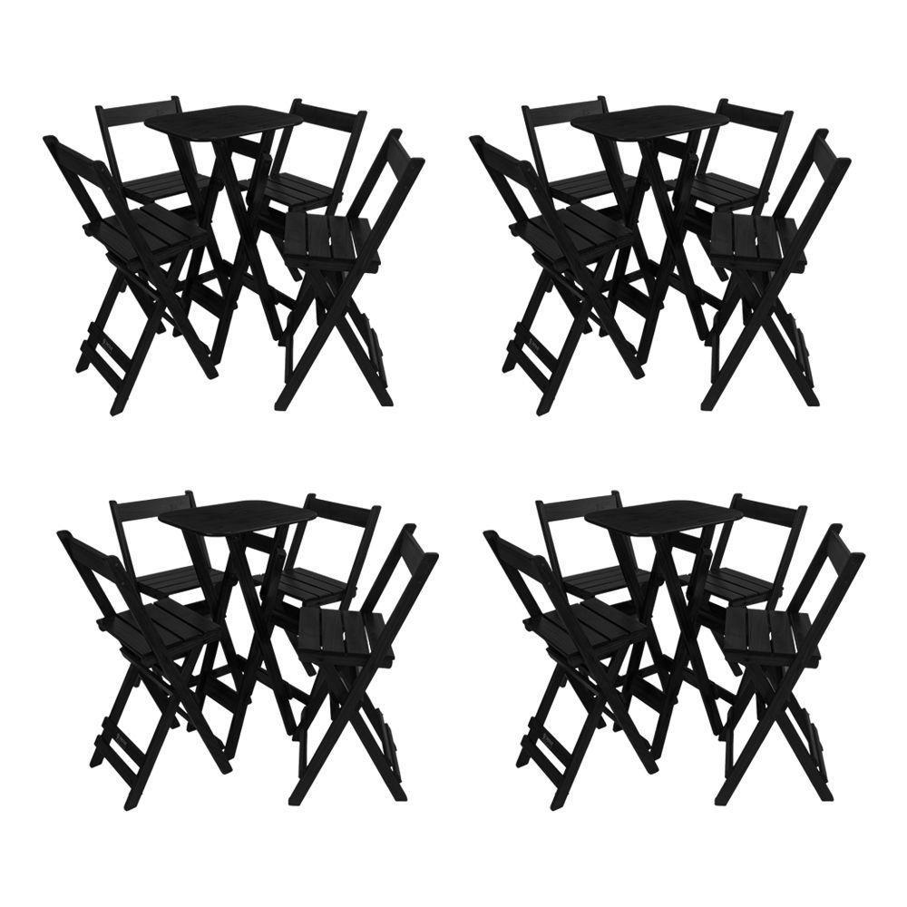Kit 4 Conjuntos Mesa Bistrô Bar Dobrável Com 4 Cadeiras Em Madeira Maciça - Preto - Preto - 1