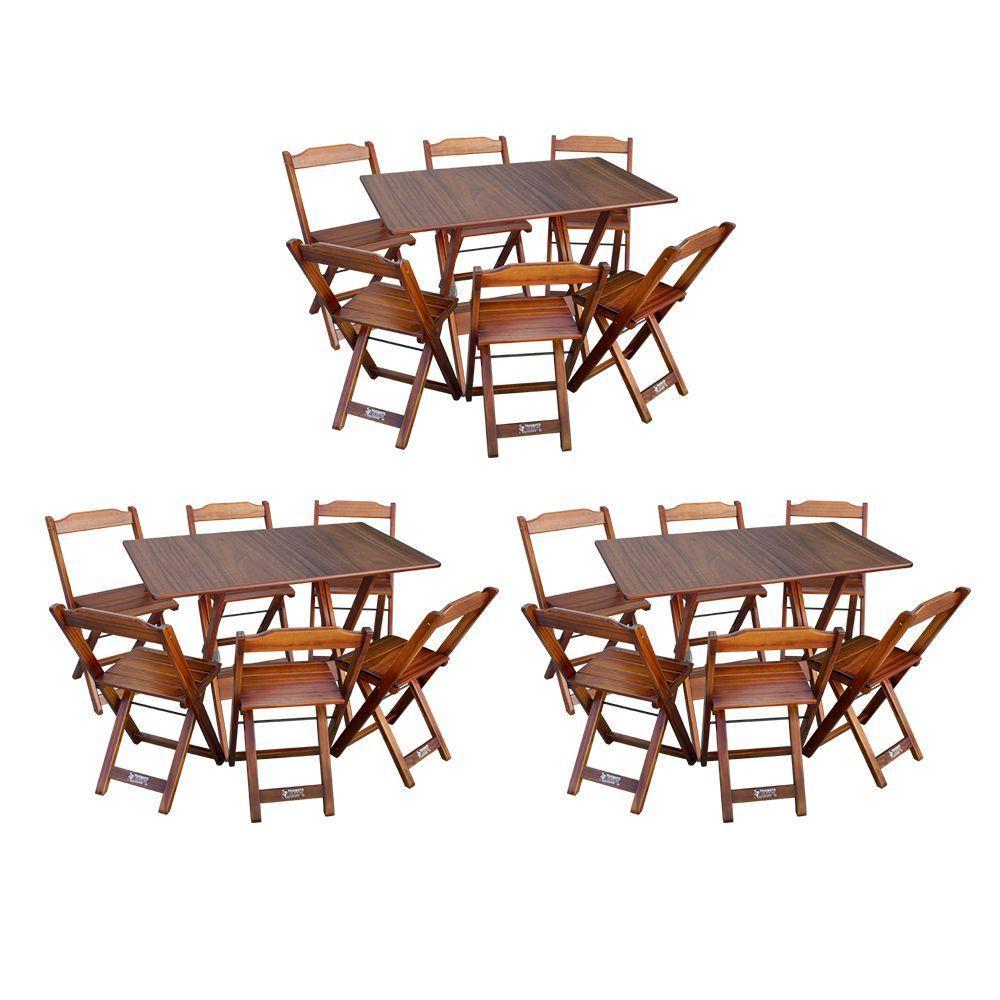 Kit 3 Conjuntos De Mesa Dobráveis De Madeira 70x110cm Com 6 Cadeiras Imbuia - Cor: Marrom - 1