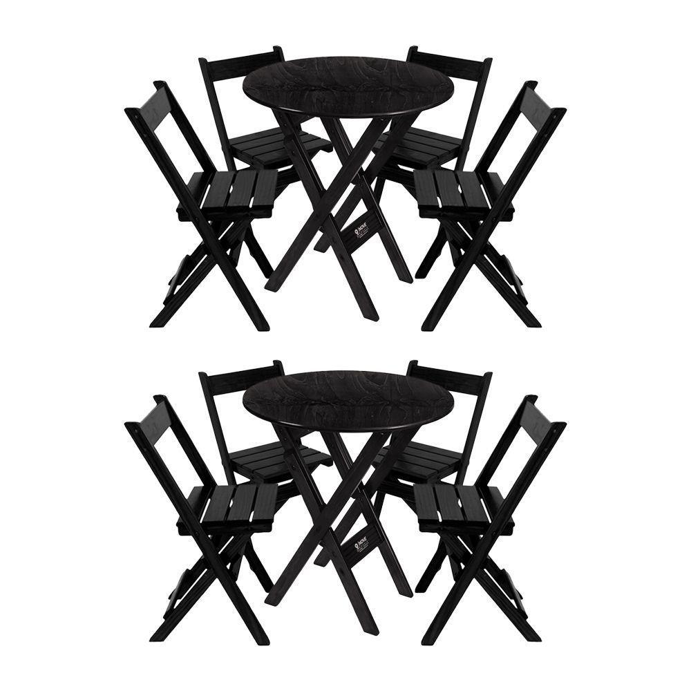Kit 2 Conjuntos Mesa Redondo 70cm Dobrável Com 4 Cadeiras Em Madeira Maciça - Preto - Preto - 1