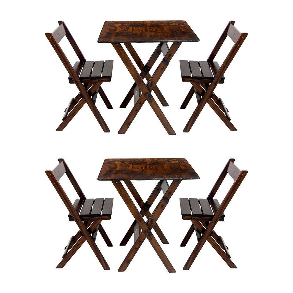 Kit 2 Conjuntos Mesa Dobrável Para Bar E Restaurante 60x60cm Com 2 Cadeiras Em Madeira Maciça - Imbu - Marrom - 1