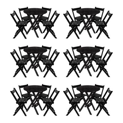 Kit 6 Conjuntos Mesa Redondo 70cm Dobrável Com 4 Cadeiras Em Madeira Maciça - Preto - Preto