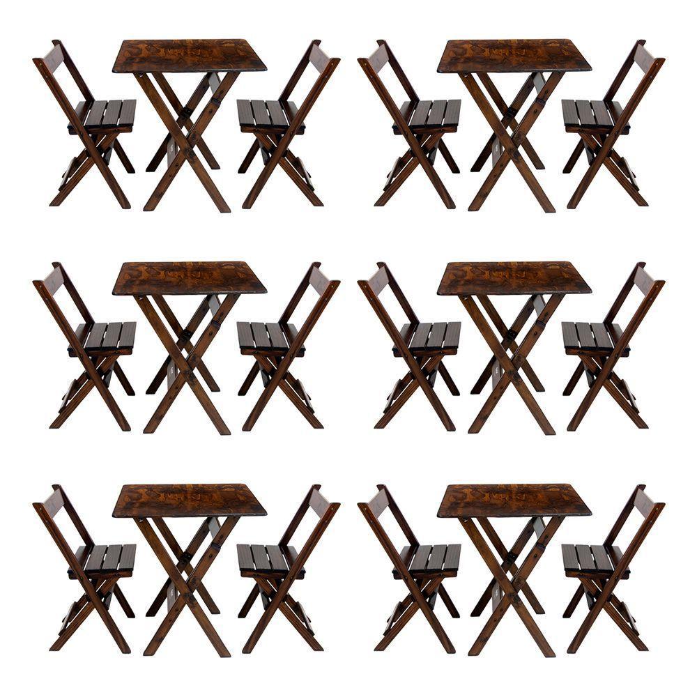 Kit 6 Conjuntos Mesa Dobrável Para Bar E Restaurante 60x60cm Com 2 Cadeiras Em Madeira Maciça - Imbu - Marrom - 1