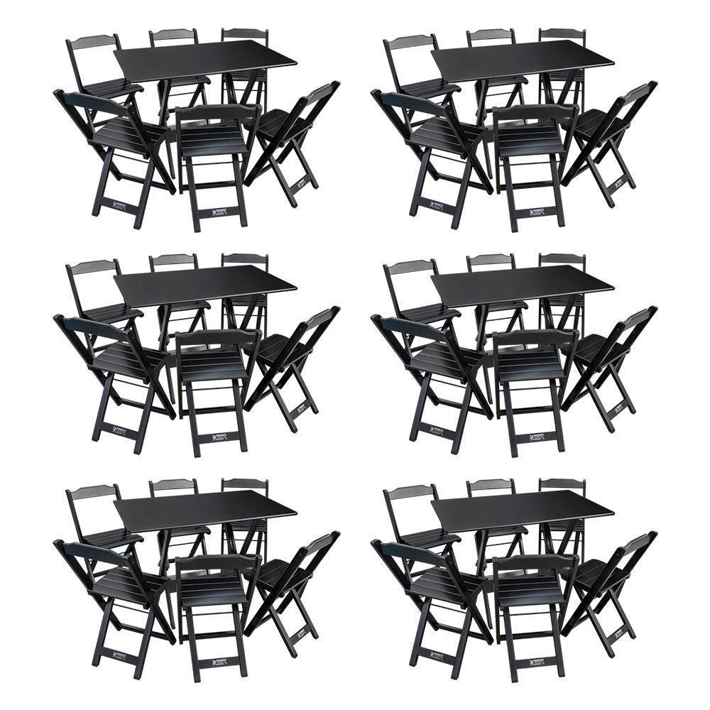 Kit 6 Conjuntos De Mesa Dobráveis De Madeira 70x110cm Com 6 Cadeiras Preta - 1