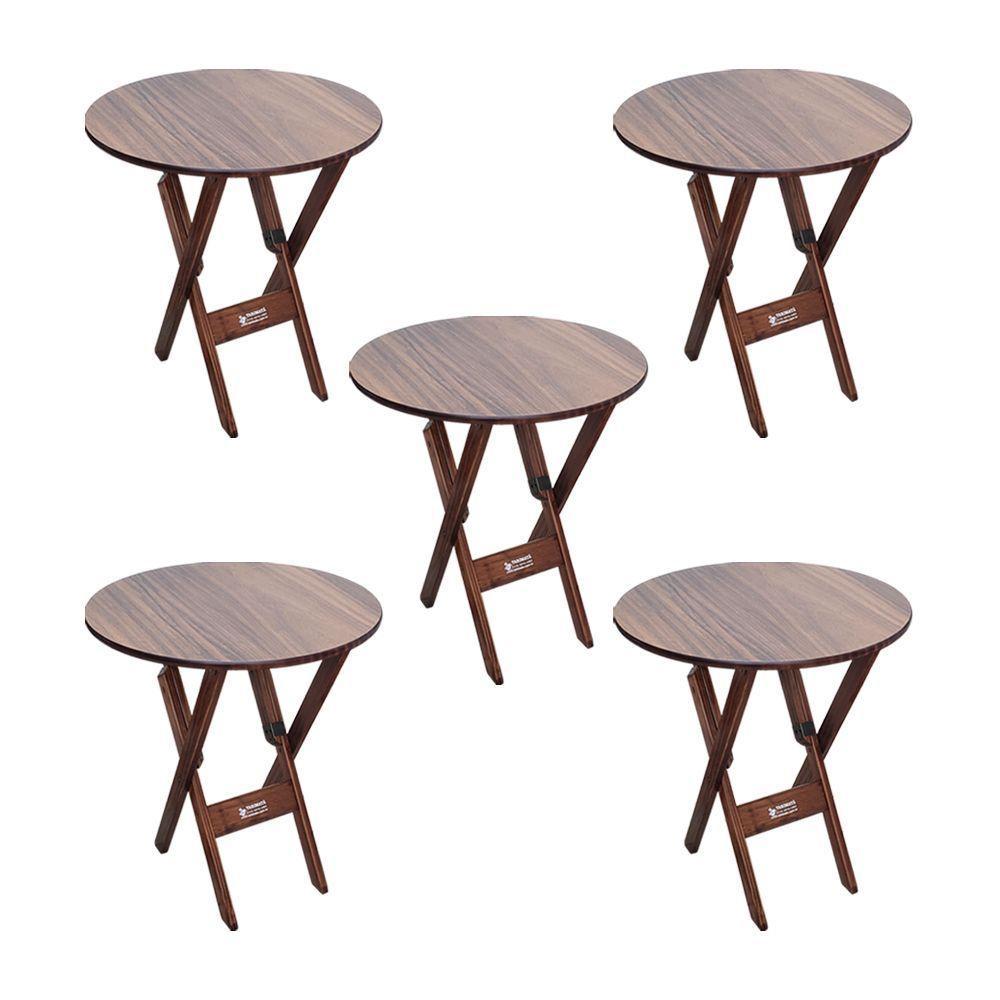 Kit 5 Mesas Dobráveis De Madeira Redonda 70cm Imbuia - Cor: Marrom - 1
