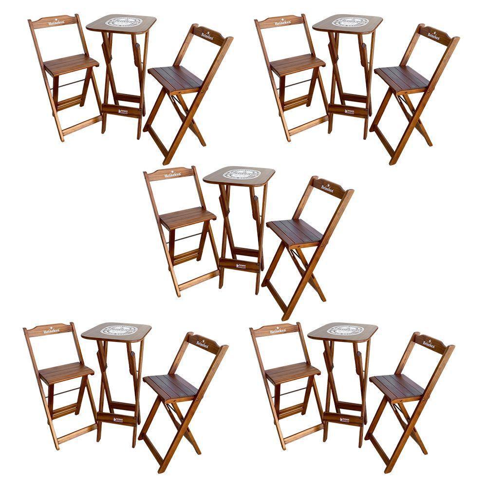 Kit 5 Conjuntos Bistrô Mesa Com 2 Banquetas Dobráveis De Madeira Personalizada Hei - Imbuia Marrom - 1