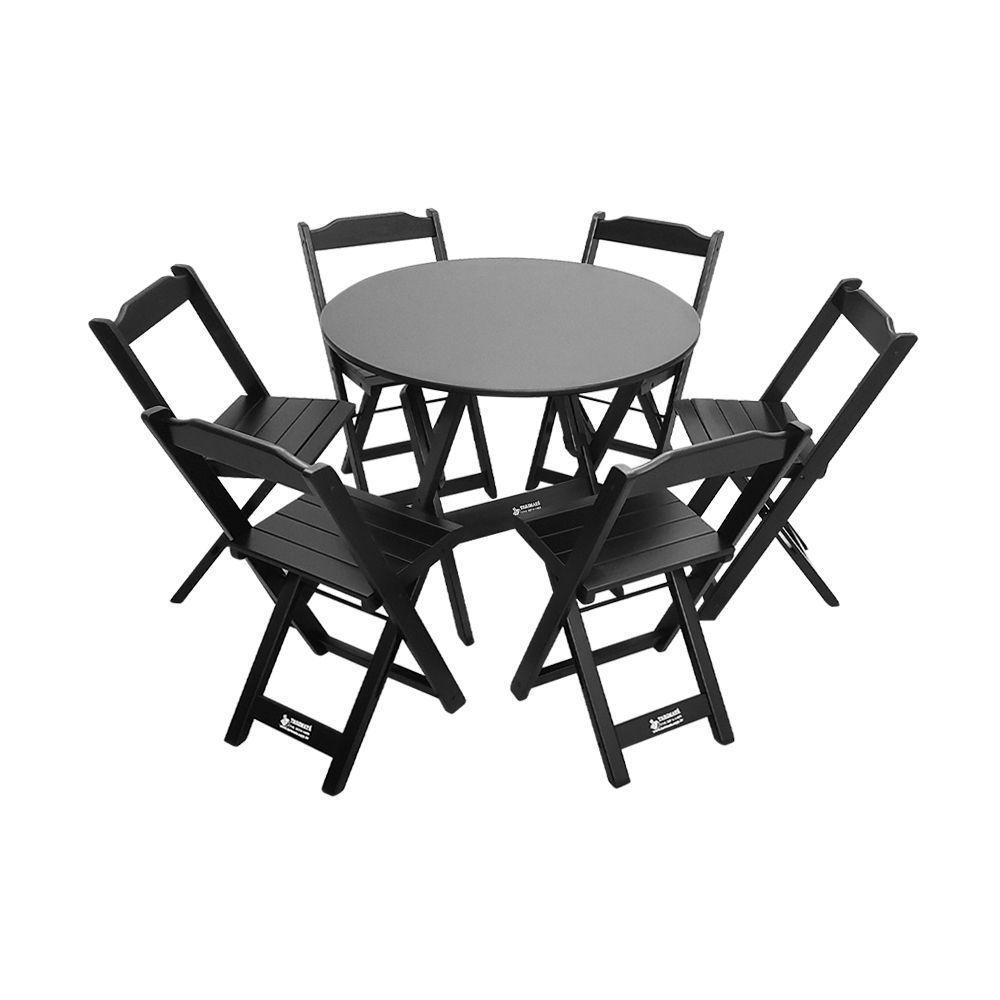Mesa Dobrável De Madeira Redonda 90cm Com 6 Cadeiras Preta - Cor: Preto - 1