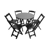 Mesa Dobrável De Madeira Redonda 90cm Com 6 Cadeiras Preta - Cor: Preto - 1