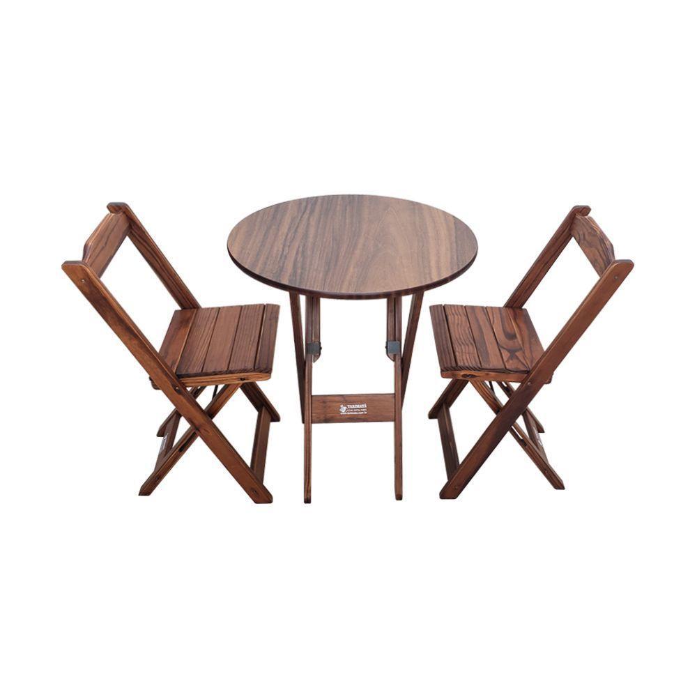 Mesa Dobrável De Madeira Redonda 70cm Com 2 Cadeiras Imbuia - Cor: Marrom - 1