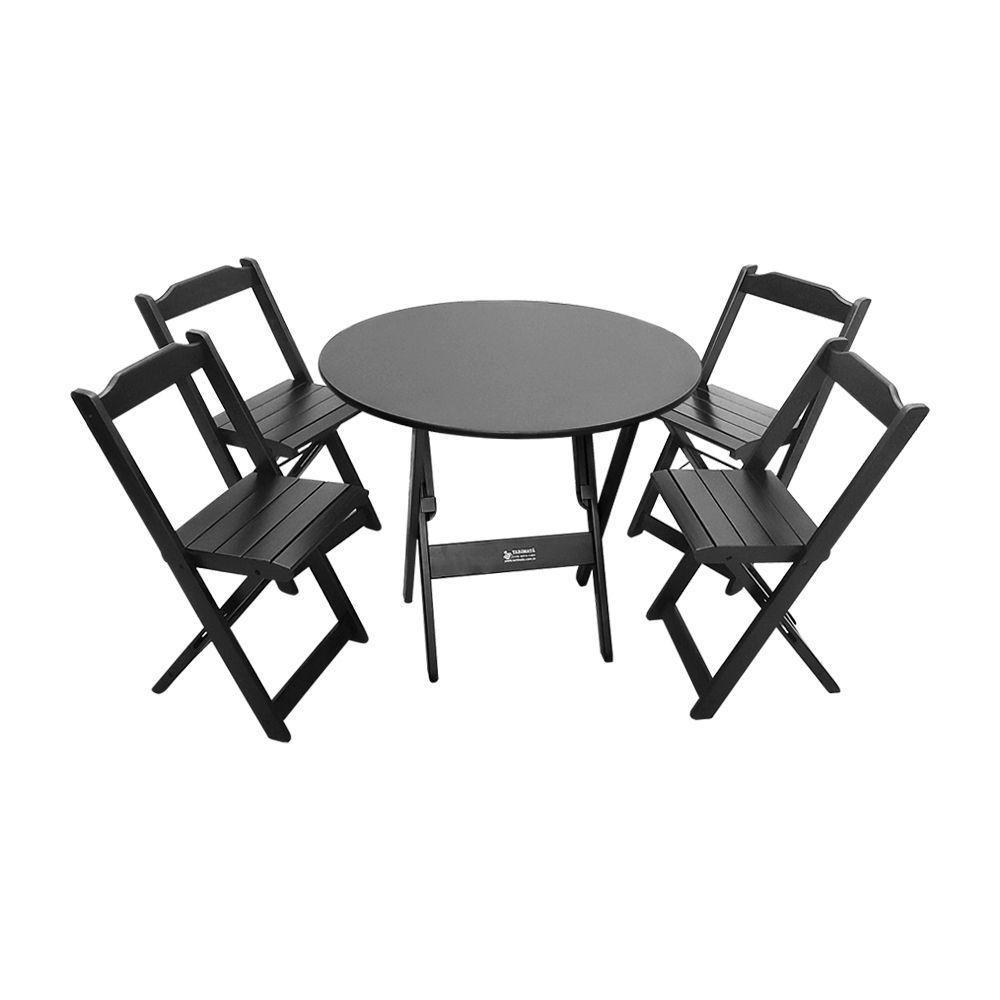 Mesa Dobrável De Madeira Redonda 90cm Com 4 Cadeiras Preta - Cor: Preto - 1