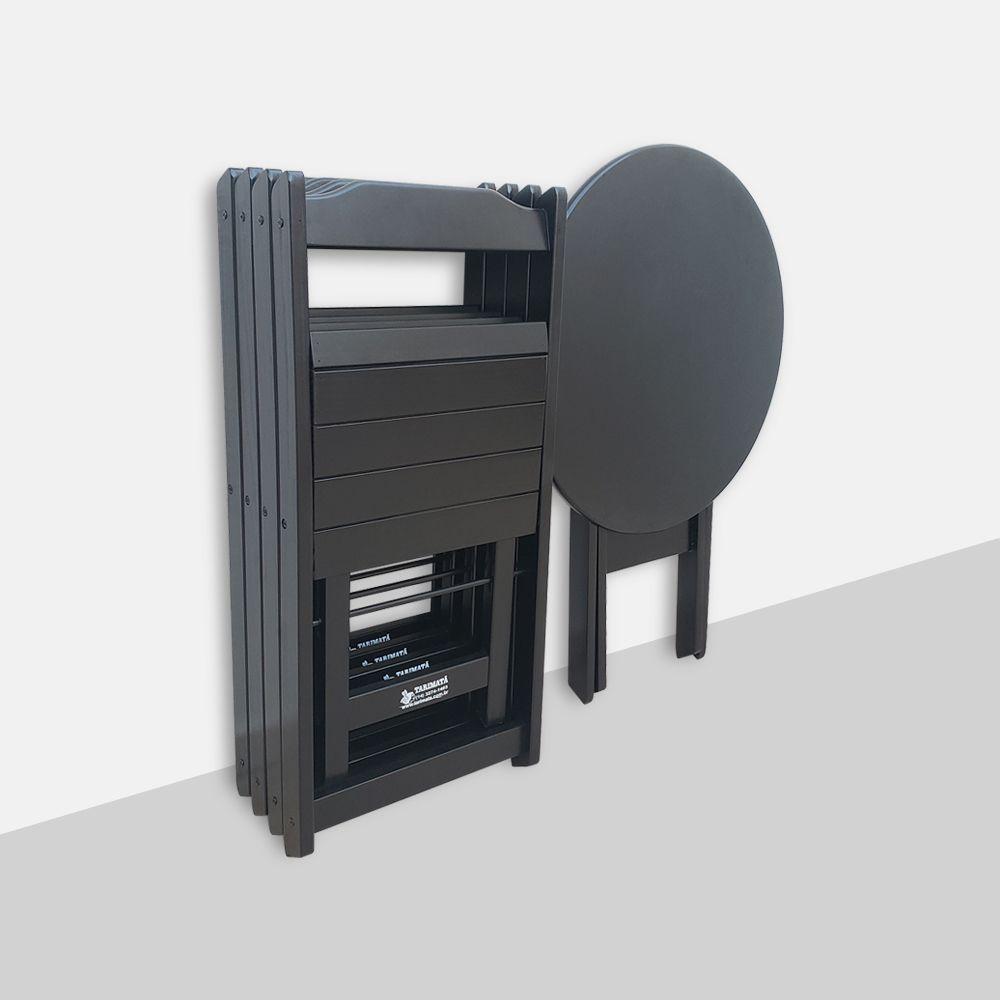 Mesa Dobrável De Madeira Redonda 90cm Com 4 Cadeiras Preta - Cor: Preto - 4
