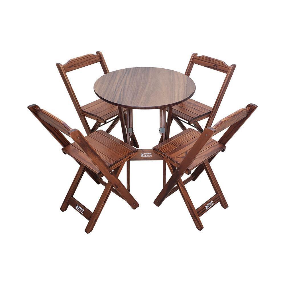 Mesa Dobrável De Madeira Redonda 70cm Com 4 Cadeiras Imbuia - Cor: Marrom - 1