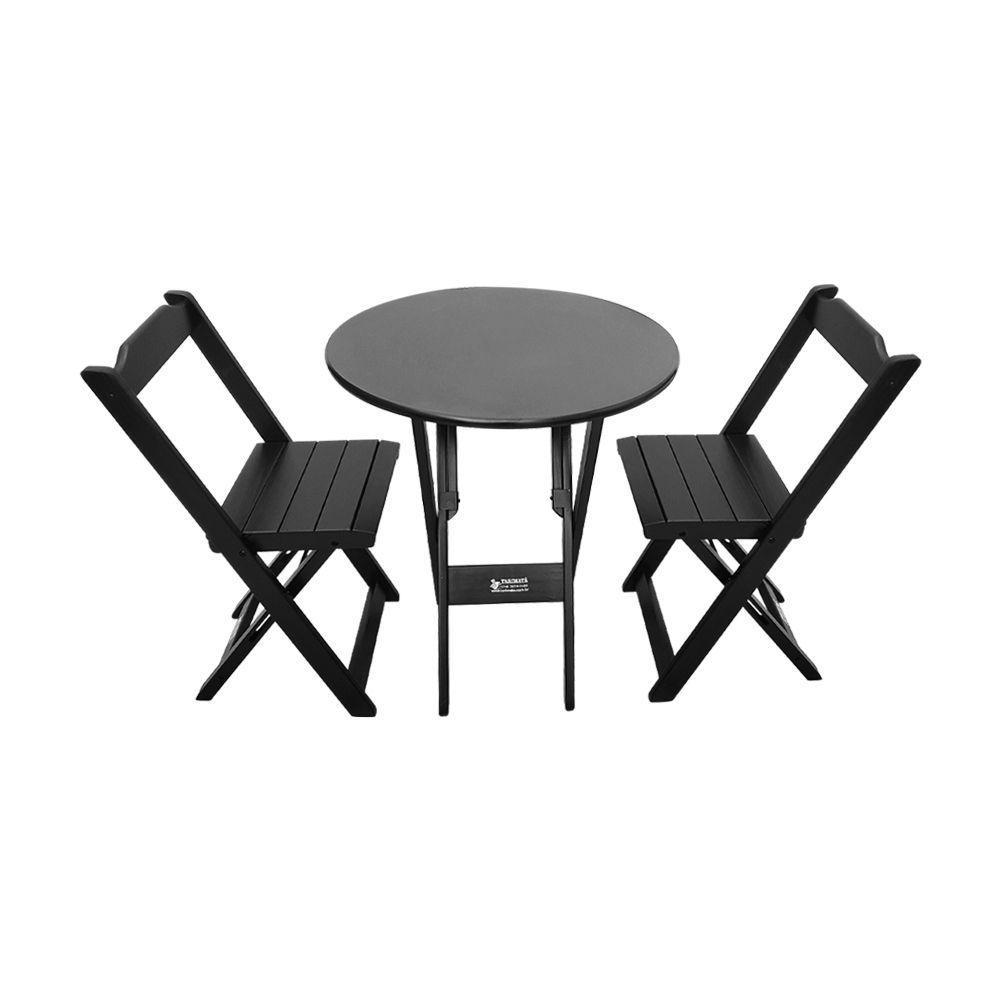 Mesa Dobrável De Madeira Redonda 70cm Com 2 Cadeiras Preta - Cor: Preto - 1