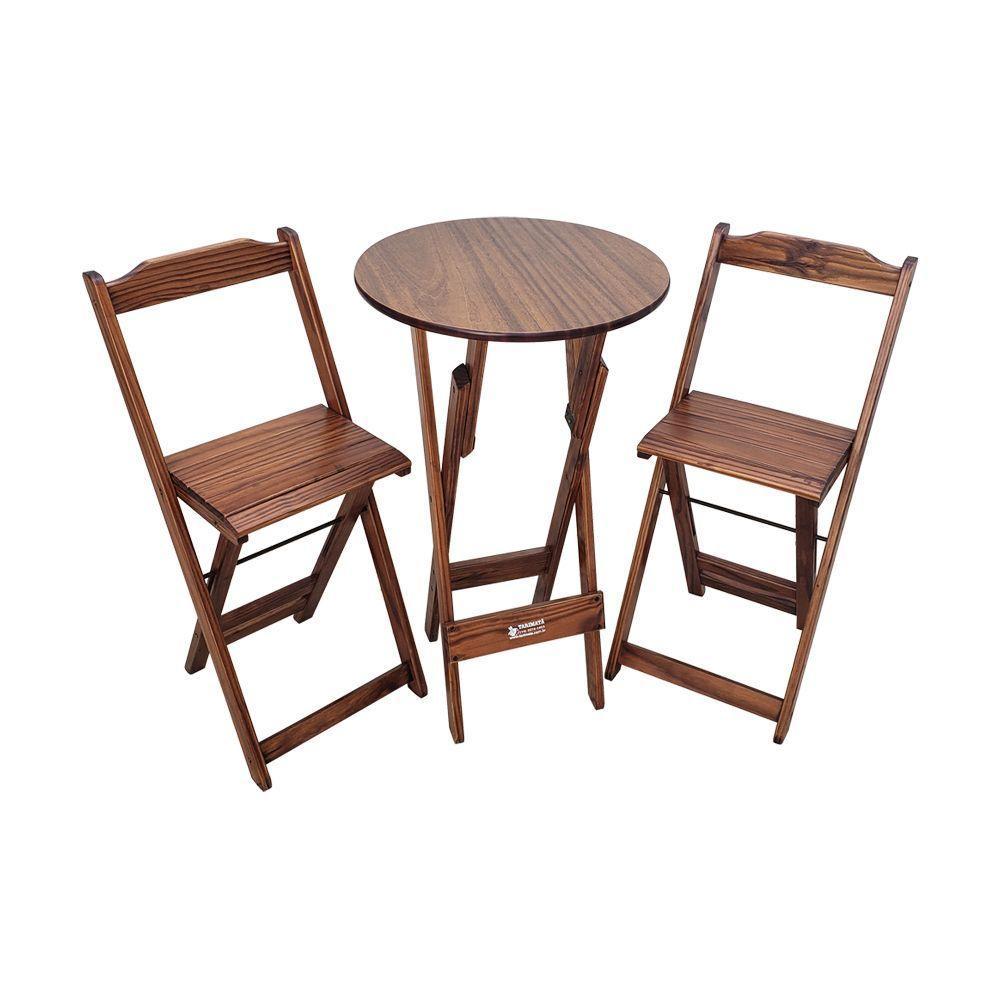 Mesa Bistrô Dobrável De Madeira Redonda Com 2 Banquetas Imbuia - Cor: Marrom - 1
