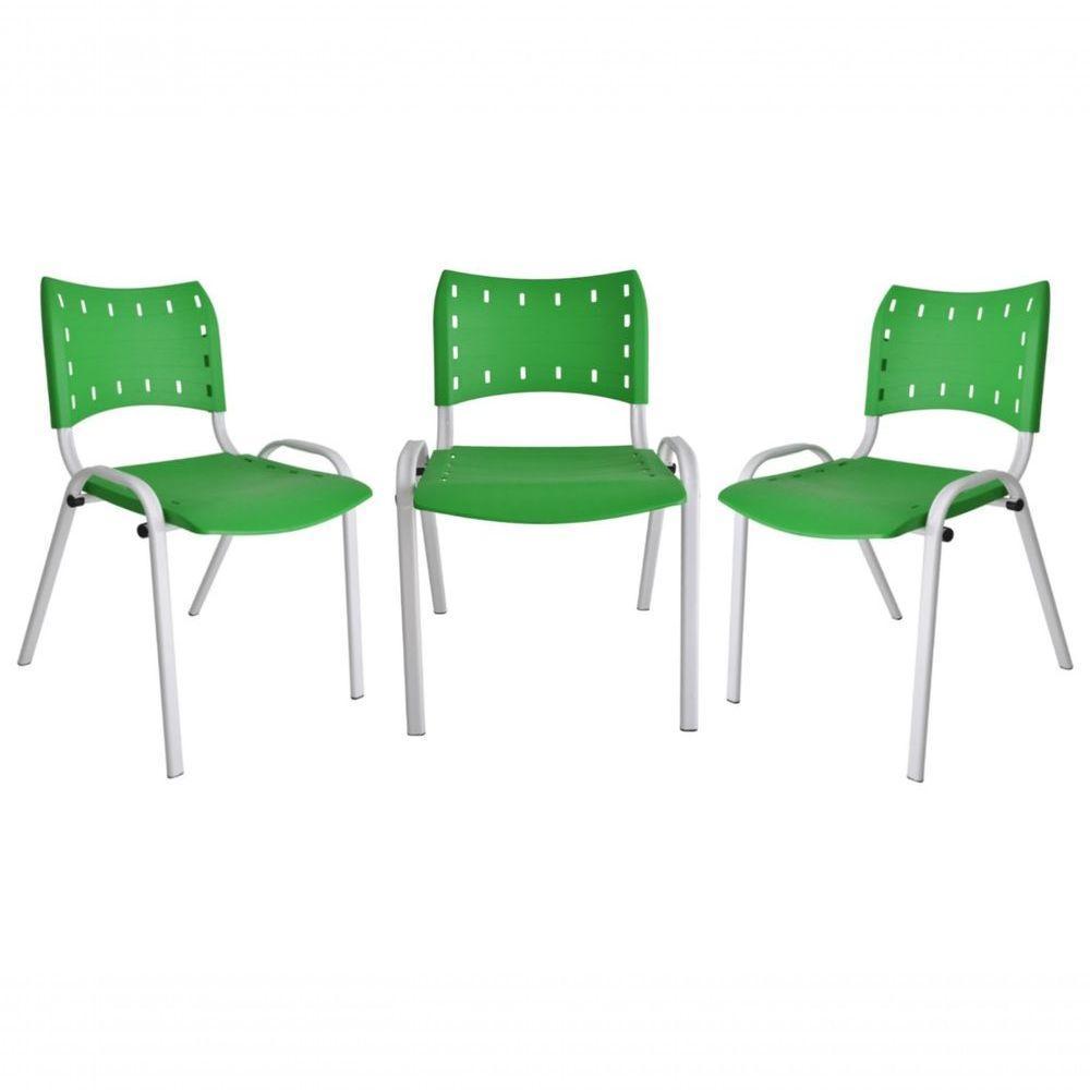 Kit 3 Cadeiras Iso para Escola Escritório Comércio Verde Base Branca - 1