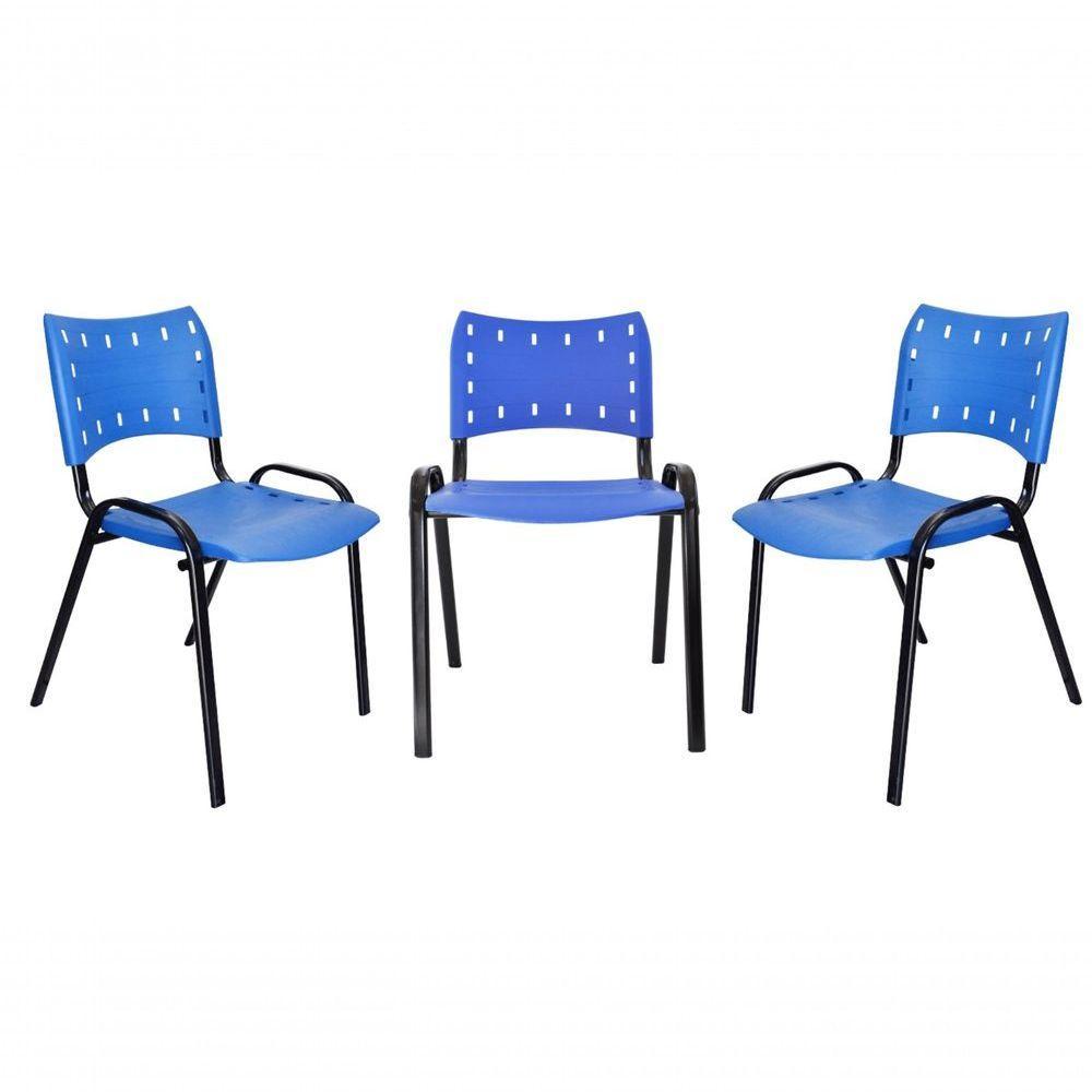 Kit 3 Cadeiras Iso para Escola Escritório Comércio Azul Base Preta - 1