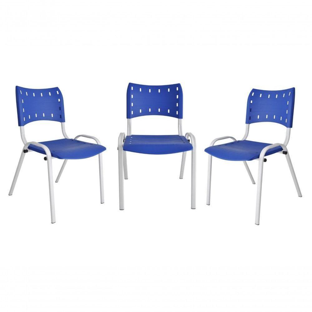 Kit 3 Cadeiras Iso para Escola Escritório Comércio Azul Base Branca - 1