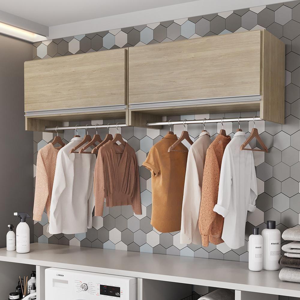 Kit 02 Armários Multiuso Aéreo Cabideiro Grécia L03 Castanho - Lyam - 7